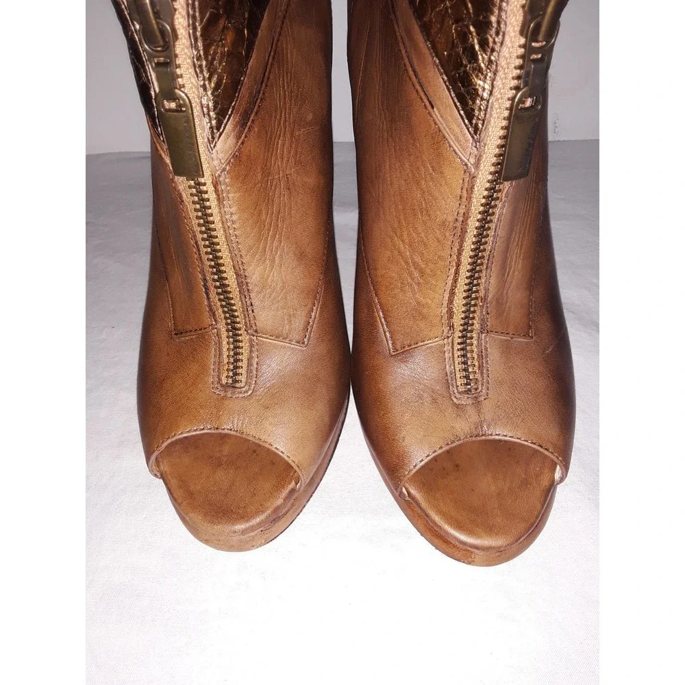 Alexandre Birman Sz 6  Leather Open-Toe Booties w Bronze Snakeskin Rim